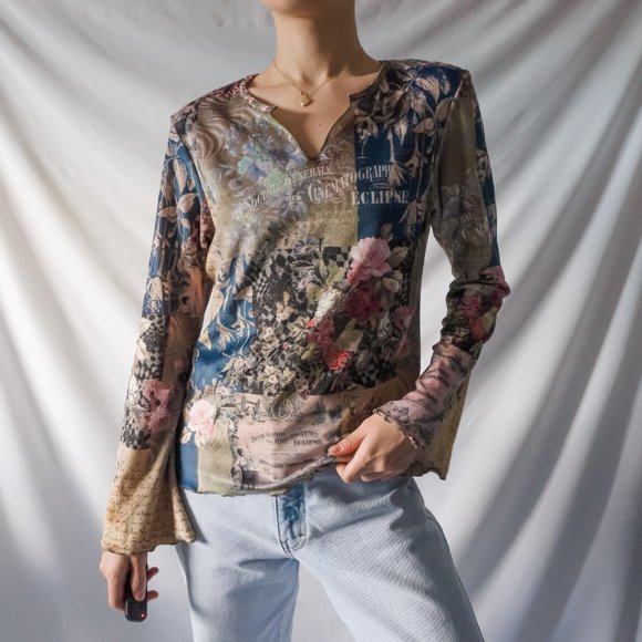 y2k boho fairy patchwork faux suede flare sleeve blouse top by one world - Picture 5 of 9